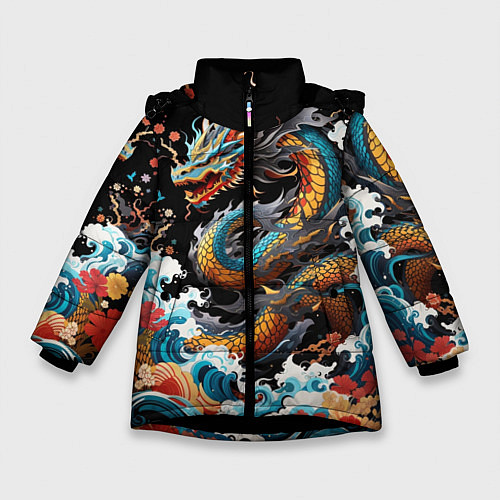 Зимняя куртка для девочки Дракон на волнах в японском стиле арт / 3D-Черный – фото 1