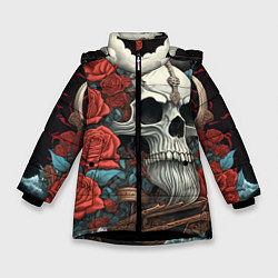 Куртка зимняя для девочки Череп викинга на корабле с розами в стиле тату ире, цвет: 3D-черный