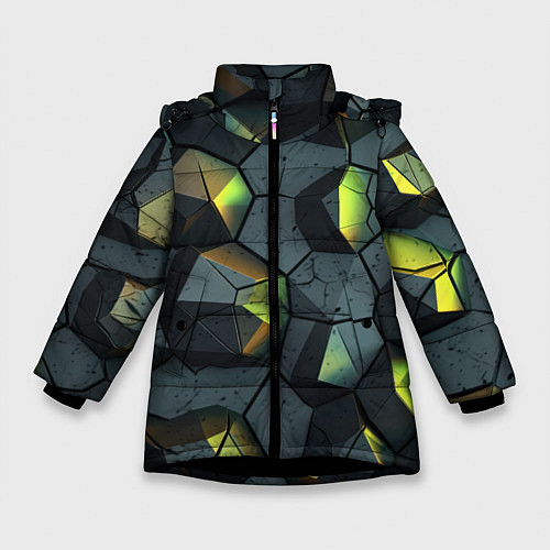 Зимняя куртка для девочки Черная текстура с зелеными камнями / 3D-Черный – фото 1