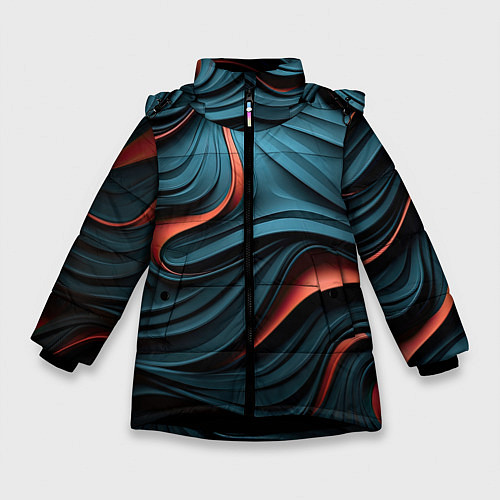 Зимняя куртка для девочки Сине-оранжевая абстрактная волна / 3D-Черный – фото 1