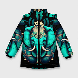 Куртка зимняя для девочки Бирюзовый слон с узорами и лотосом, цвет: 3D-черный