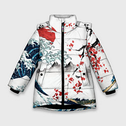 Куртка зимняя для девочки Хокусай большая волна в Канагаве - пародия укиё, цвет: 3D-черный