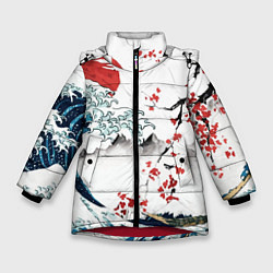 Куртка зимняя для девочки Хокусай большая волна в Канагаве - пародия укиё, цвет: 3D-красный