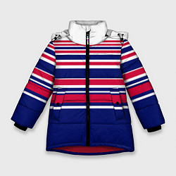 Куртка зимняя для девочки Красные и синие полосы на белом фоне, цвет: 3D-красный