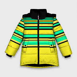 Куртка зимняя для девочки Разноцветный черно желтый с зеленым полосатый узор, цвет: 3D-черный