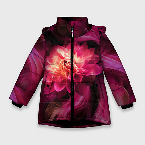 Зимняя куртка для девочки Розовый цветок в огне - нейросеть / 3D-Черный – фото 1