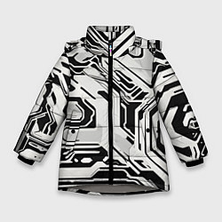 Куртка зимняя для девочки Киберпанк белые полосы на чёрном фоне, цвет: 3D-светло-серый