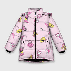 Куртка зимняя для девочки Барби аксессуары - розовый паттерн, цвет: 3D-черный