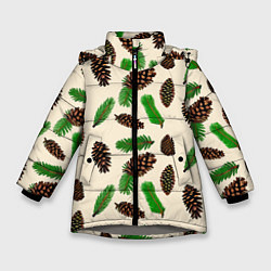 Куртка зимняя для девочки Зимний узор - еловые ветки и шишки, цвет: 3D-светло-серый