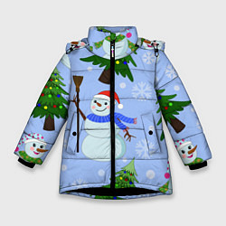 Зимняя куртка для девочки Снеговики с новогодними елками паттерн