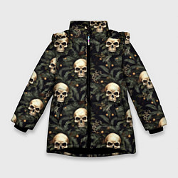 Куртка зимняя для девочки Череп, шишки и хвойные ветки, цвет: 3D-черный
