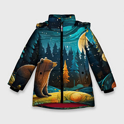 Куртка зимняя для девочки Хозяин тайги: медведь в лесу, цвет: 3D-красный