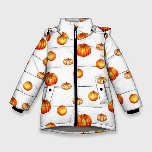 Зимняя куртка для девочки Оранжевые тыквы - паттерн / 3D-Светло-серый – фото 1