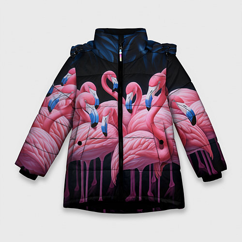 Зимняя куртка для девочки Стая розовых фламинго в темноте / 3D-Черный – фото 1