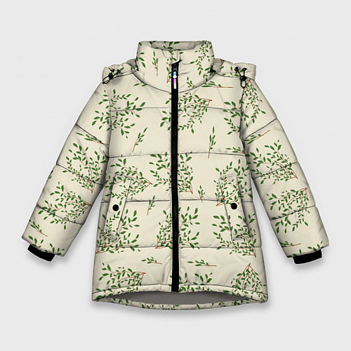 Зимняя куртка для девочки Веточки с зелеными листьями / 3D-Светло-серый – фото 1