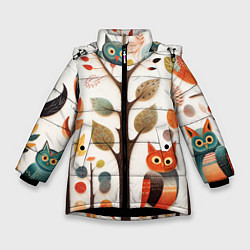Зимняя куртка для девочки Совы в осеннем лесу в стиле фолк-арт