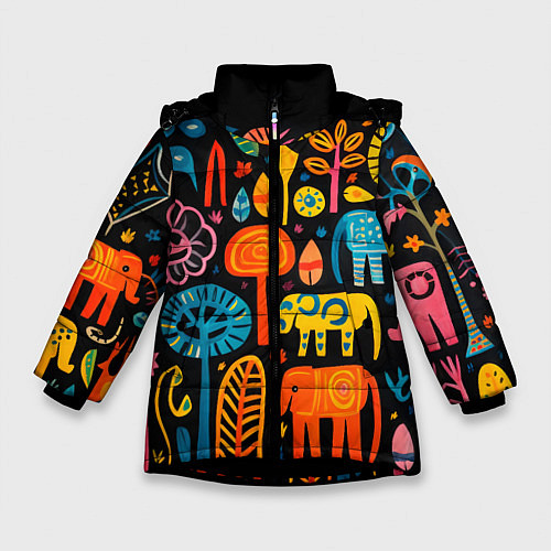 Зимняя куртка для девочки Африканский узор со слонами - нейросеть / 3D-Черный – фото 1