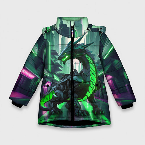 Зимняя куртка для девочки Неоновый зеленый дракон / 3D-Черный – фото 1