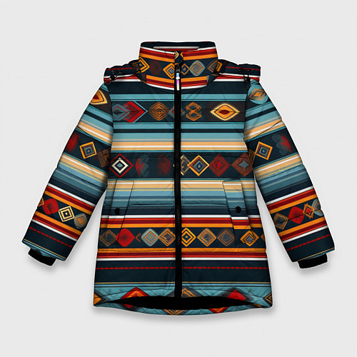 Зимняя куртка для девочки Этнический орнамент в горизонтальную полоску / 3D-Черный – фото 1