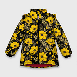Куртка зимняя для девочки Желтые цветы на черном фоне паттерн, цвет: 3D-красный