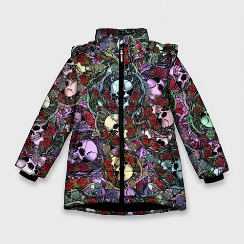 Зимняя куртка для девочки Череп с крыльями паттерн / 3D-Черный – фото 1