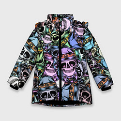 Куртка зимняя для девочки Разноцветные черепа в кепке паттерн, цвет: 3D-черный