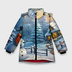 Куртка зимняя для девочки Новый год и снеговик, цвет: 3D-красный