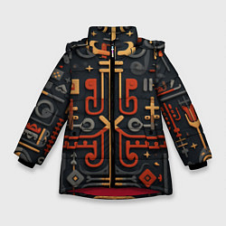 Куртка зимняя для девочки Абстрактный паттерн в славянском стиле на тёмном ф, цвет: 3D-красный