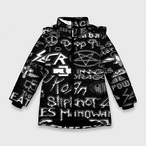 Зимняя куртка для девочки Логотипы рок групп металические / 3D-Черный – фото 1