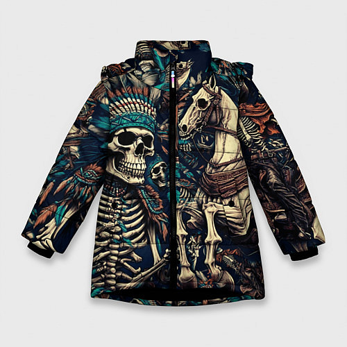 Зимняя куртка для девочки Татуировка скелета индейца и ковбоя в техасе / 3D-Черный – фото 1