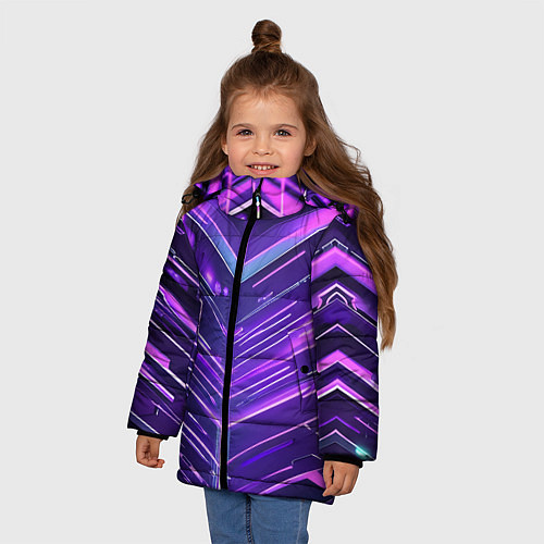 Зимняя куртка для девочки Фиолетовые неон полосы киберпанк / 3D-Красный – фото 3
