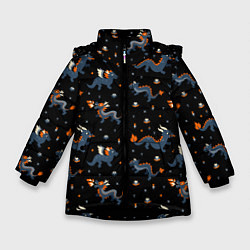 Куртка зимняя для девочки Коллаж драконов, цвет: 3D-черный