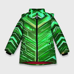 Куртка зимняя для девочки Зелёные неон полосы киберпанк, цвет: 3D-красный
