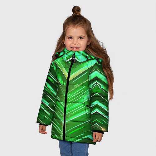 Зимняя куртка для девочки Зелёные неон полосы киберпанк / 3D-Красный – фото 3