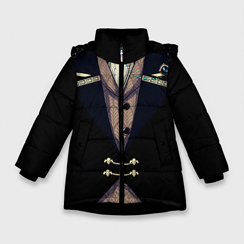 Зимняя куртка для девочки Фрак тёмный с цепочками и брошью / 3D-Черный – фото 1