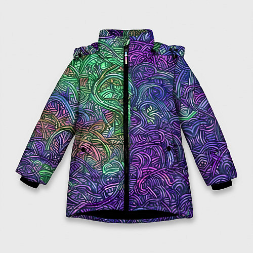 Зимняя куртка для девочки Вьющийся узор фиолетовый и зелёный / 3D-Черный – фото 1