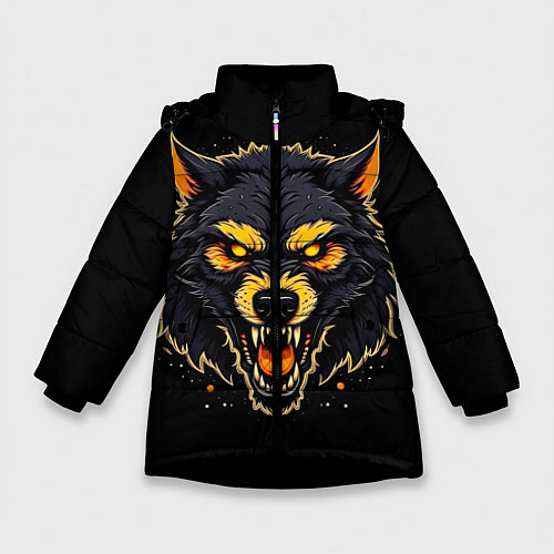 Зимняя куртка для девочки Волк чёрный хищник / 3D-Черный – фото 1