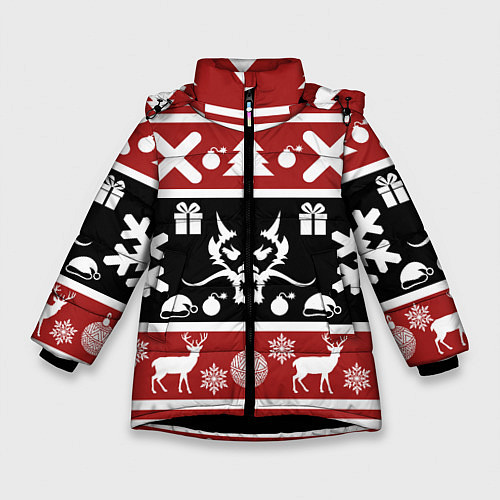 Зимняя куртка для девочки Новогодний дракон и олени / 3D-Черный – фото 1