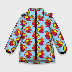 Куртка зимняя для девочки Дракон круглый сидит, красный, цвет: 3D-светло-серый