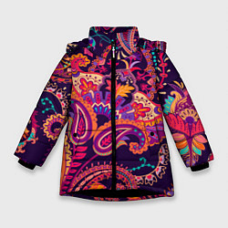 Куртка зимняя для девочки Индийские этнические узоры, цвет: 3D-черный