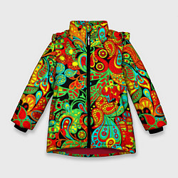 Куртка зимняя для девочки Индийский этнический орнамент пейсли, цвет: 3D-красный