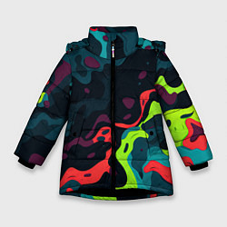Куртка зимняя для девочки Яркий кислотный абстрактный камуфляж, цвет: 3D-черный