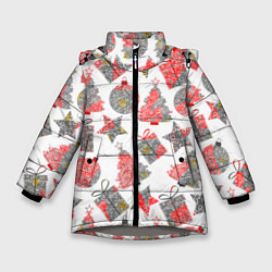 Куртка зимняя для девочки Праздничные узоры подарки, цвет: 3D-светло-серый