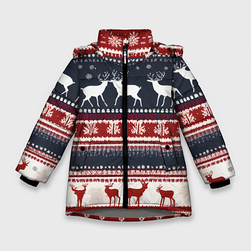 Зимняя куртка для девочки Олени белые и красные свитер новогодний / 3D-Светло-серый – фото 1