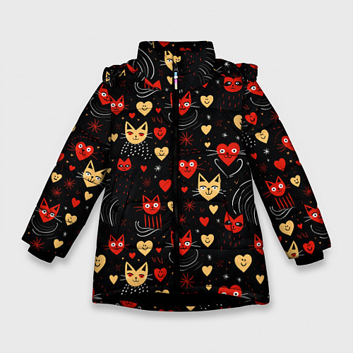 Зимняя куртка для девочки Паттерн с сердечками и котами валентинка / 3D-Черный – фото 1