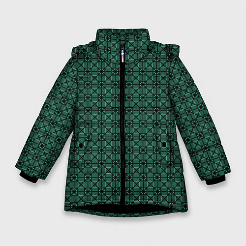Зимняя куртка для девочки Тёмно-зелёный паттерн квадраты / 3D-Черный – фото 1