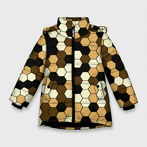 Зимняя куртка для девочки Камуфляж гексагон коричневый / 3D-Черный – фото 1