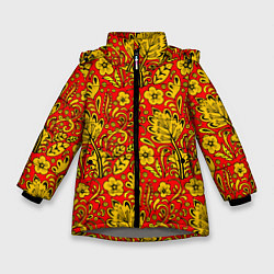 Куртка зимняя для девочки Хохломская роспись золотистые цветы на красном фон, цвет: 3D-светло-серый