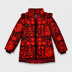 Куртка зимняя для девочки Хохломская роспись красные цветы и ягоды на чёрном, цвет: 3D-красный