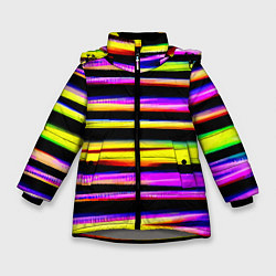 Куртка зимняя для девочки Цветные неоновые полосы, цвет: 3D-светло-серый